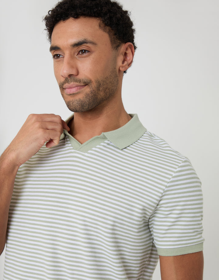 Threadbare Stripe Trophy Neck Polo Shirt in Sage Green - front view close up