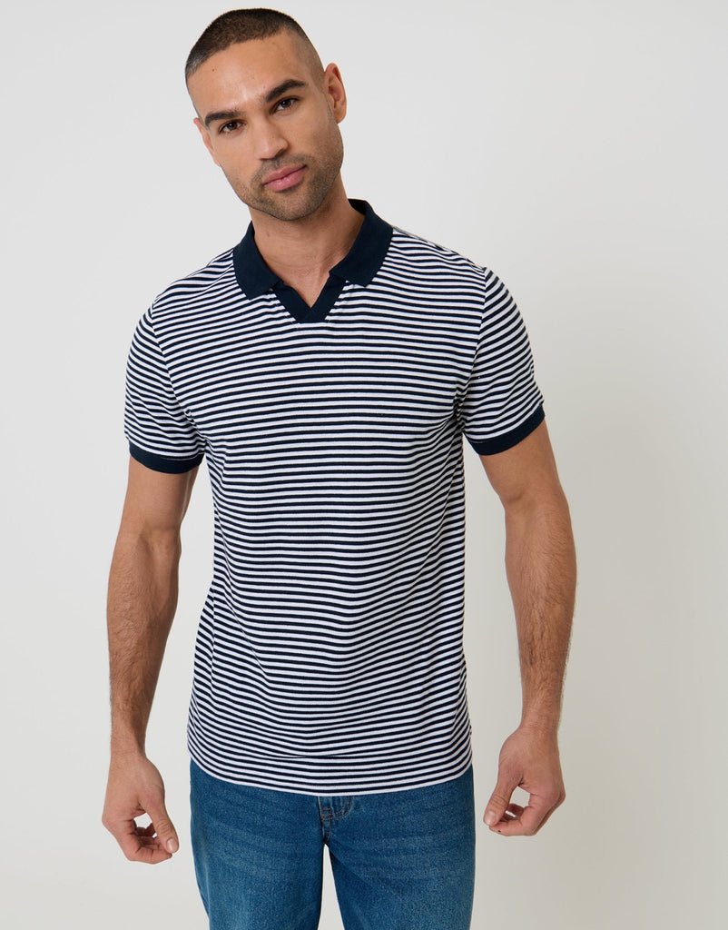 Open Neck Collar Polo Shirt Navy & Stripe