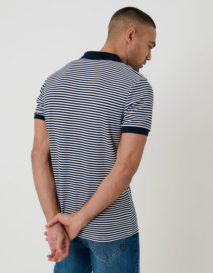 Navy & White Stripe Open Neck Collar Polo Shirt