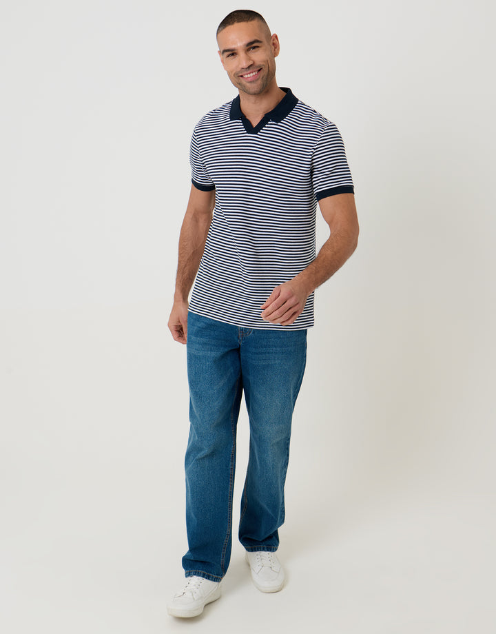 Navy & White Stripe Open Neck Collar Polo Shirt