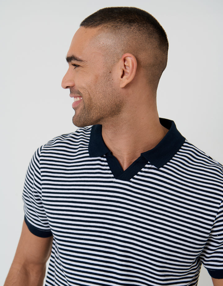 Navy & White Stripe Open Neck Collar Polo Shirt