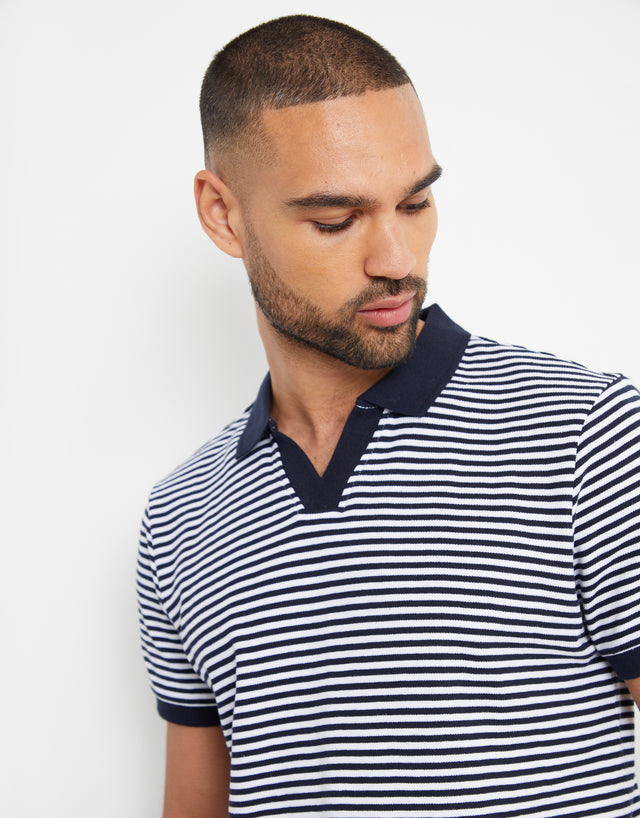 Men's Navy & White Stripe Open Neck Collar Polo Shirt
