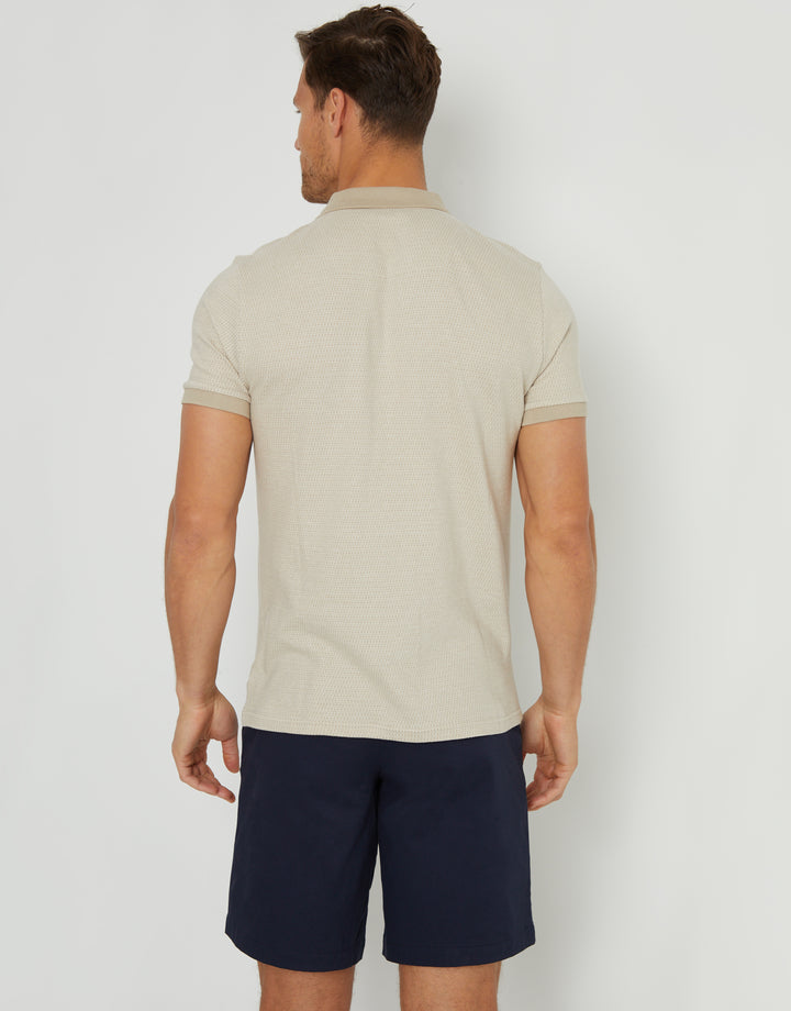 Taupe Cotton Jacquard Quarter Zip Polo Shirt