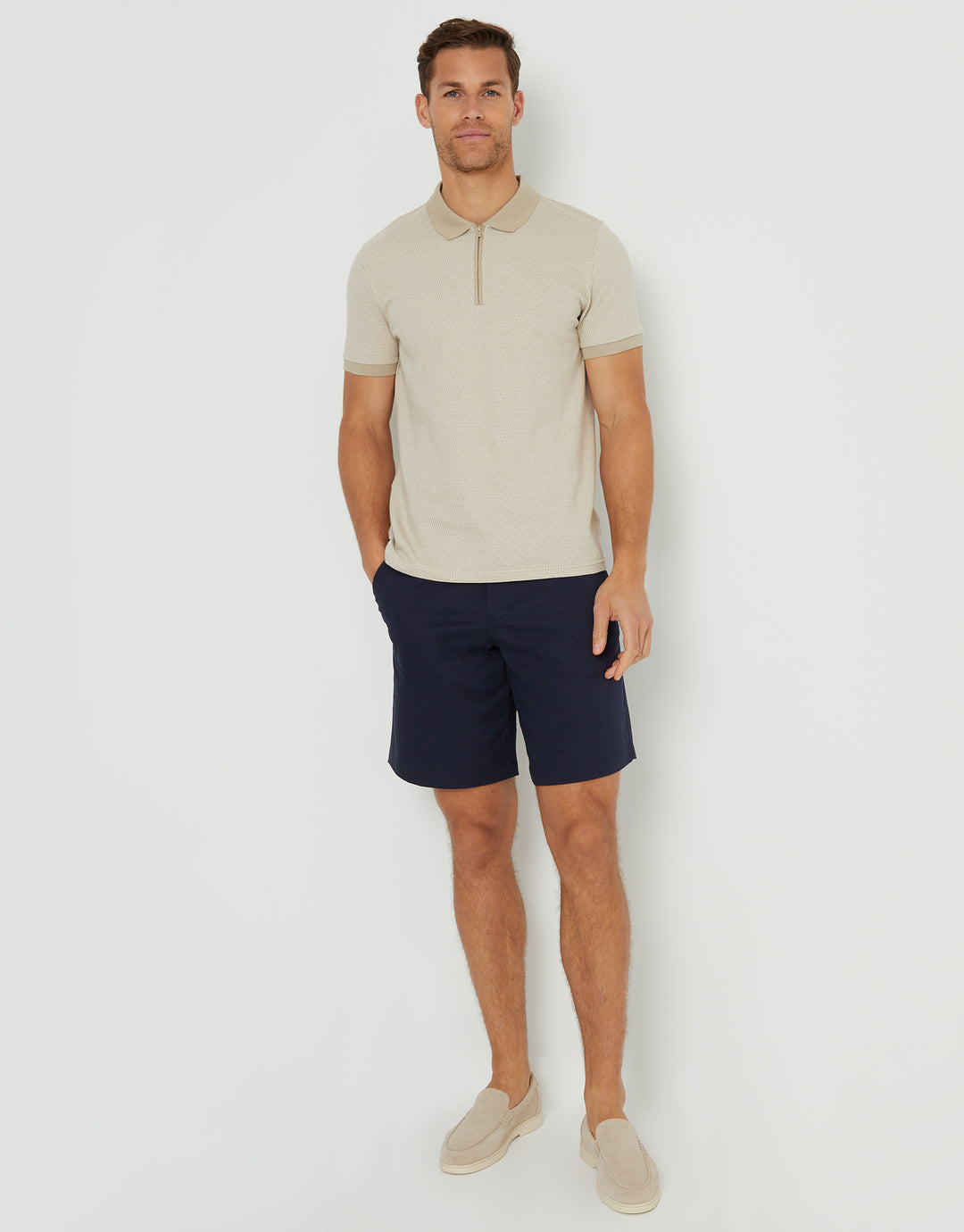 Taupe Cotton Jacquard Quarter Zip Polo Shirt