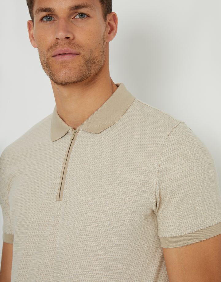 Taupe Cotton Jacquard Quarter Zip Polo Shirt