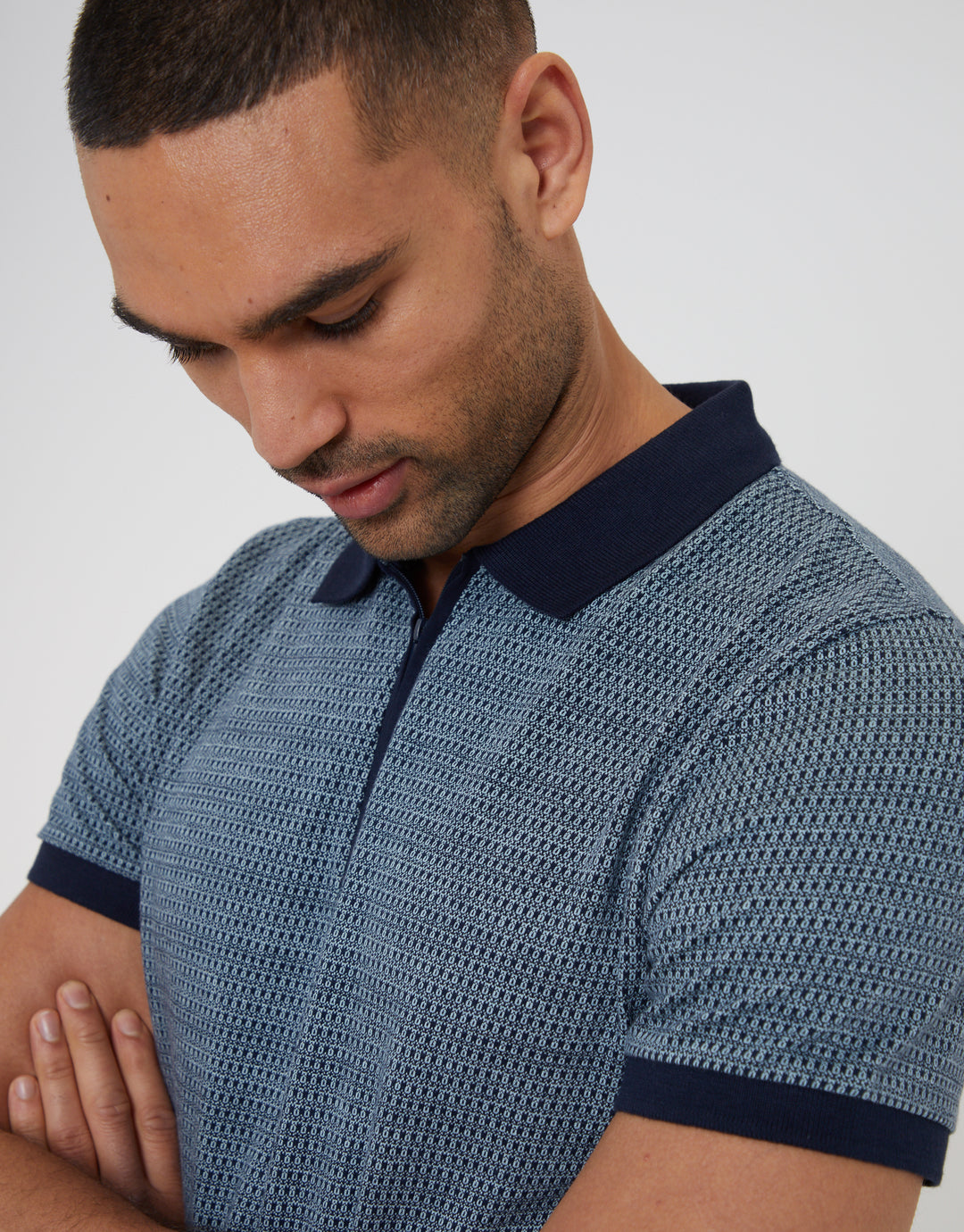 Navy Cotton Jacquard Quarter Zip Polo Shirt