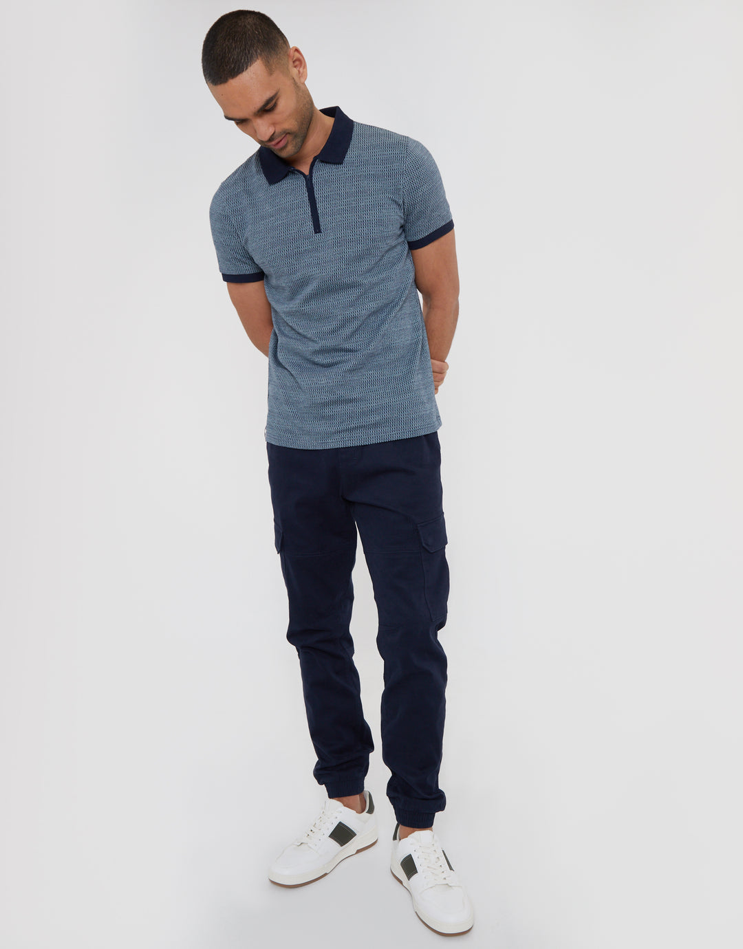 Navy Cotton Jacquard Quarter Zip Polo Shirt