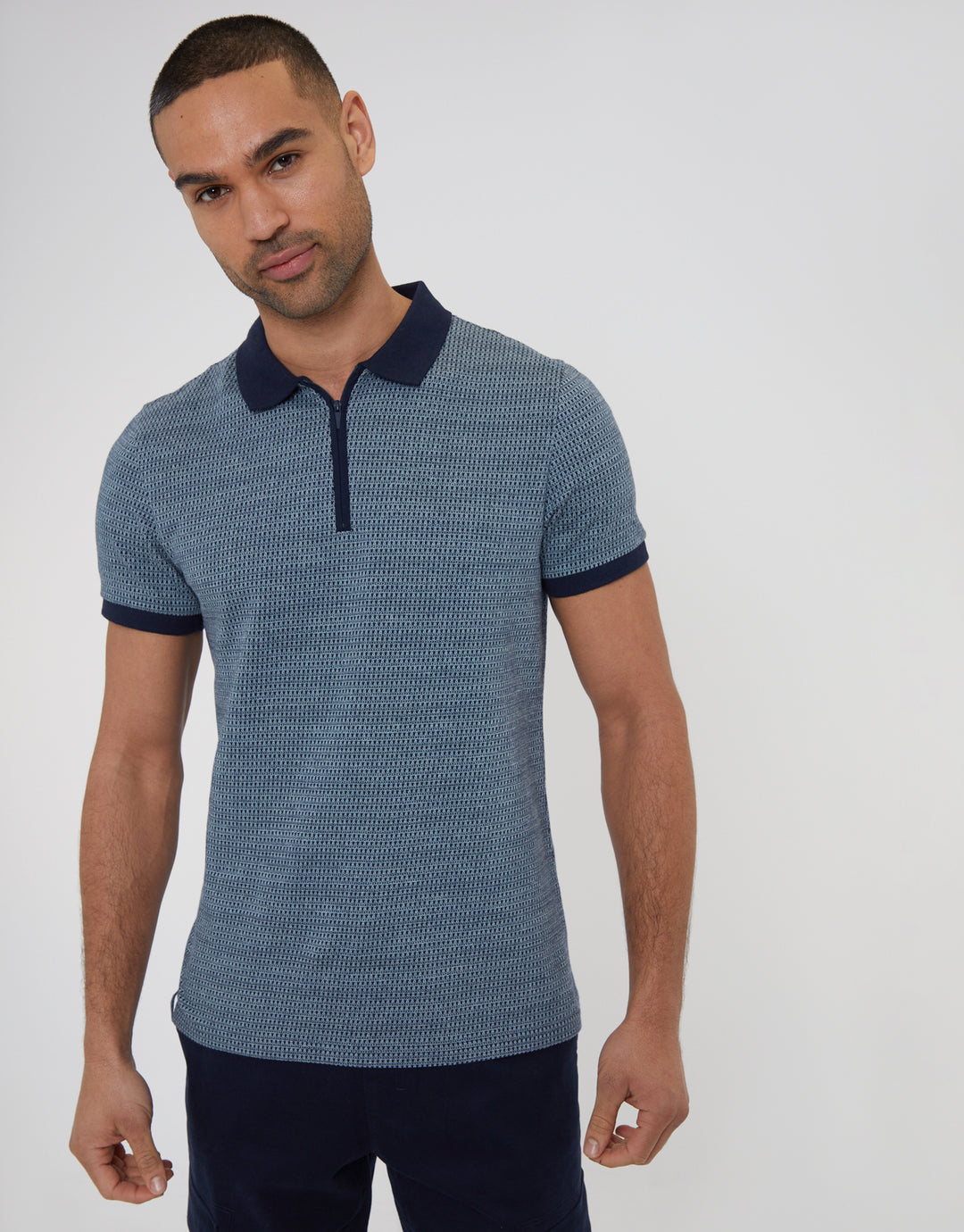 Navy Cotton Jacquard Quarter Zip Polo Shirt