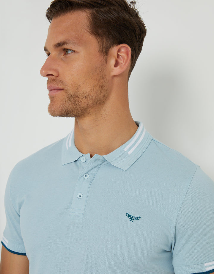 Light Blue Tipping Collar Pique Polo Shirt
