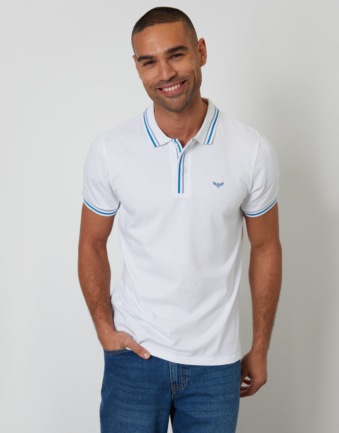 Threadbare Contrast Tipping Hidden Placket Polo Shirt in White - front view