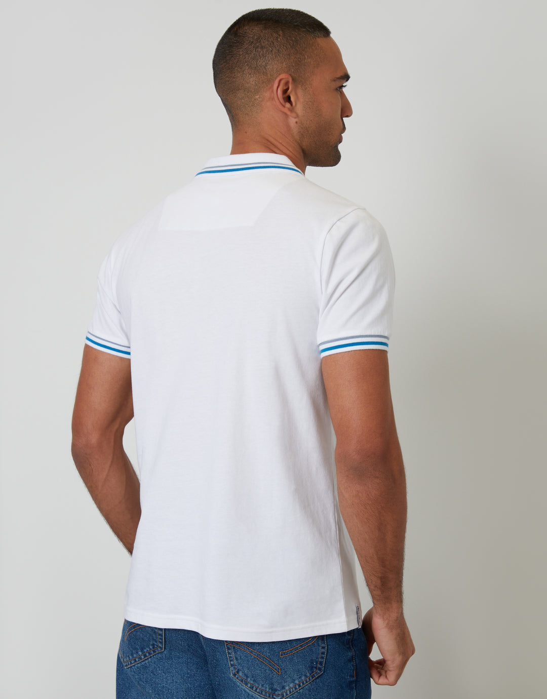 Threadbare Contrast Tipping Hidden Placket Polo Shirt in White - back view