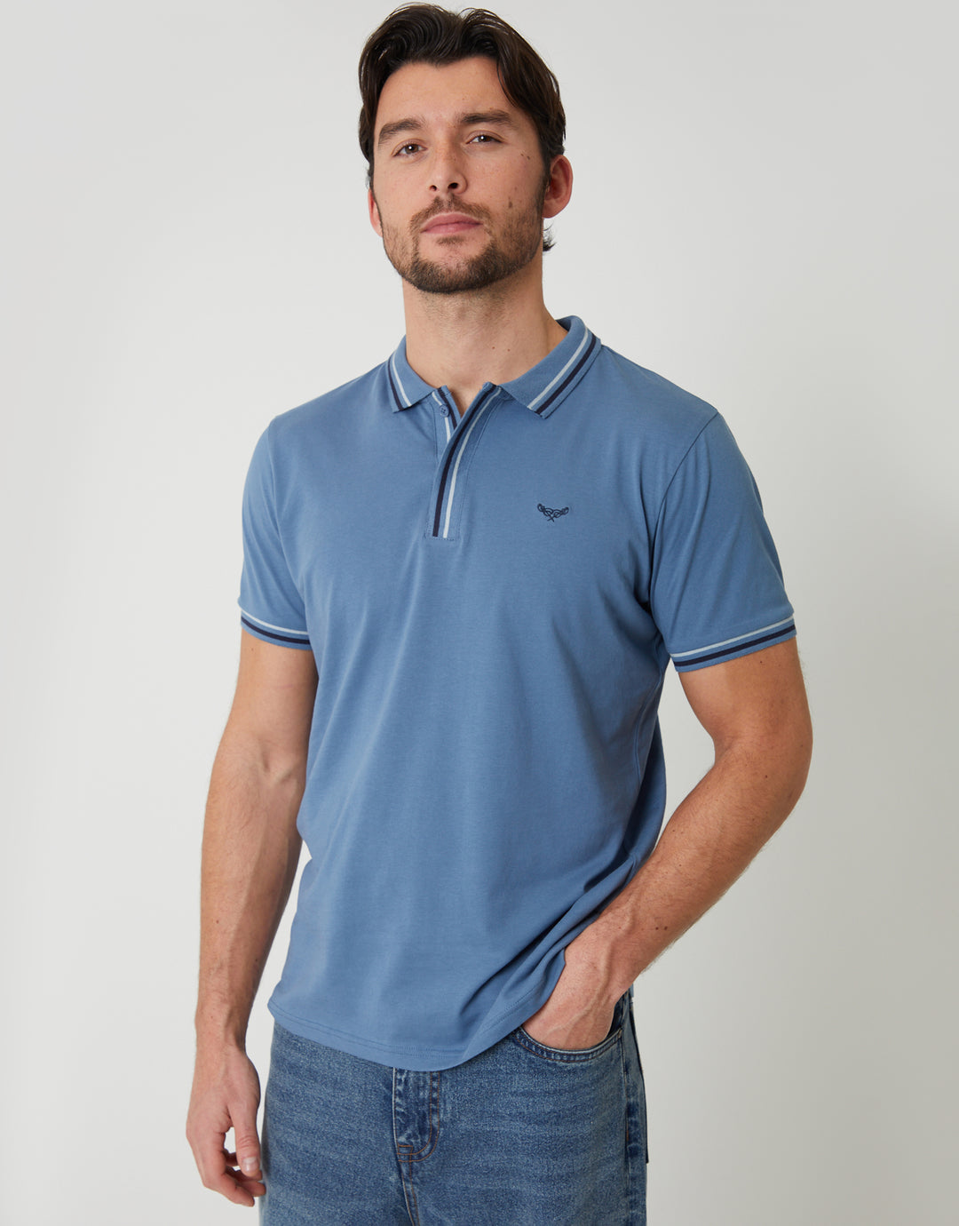 Denim Blue Contrast Tipping Hidden Placket Polo Shirt