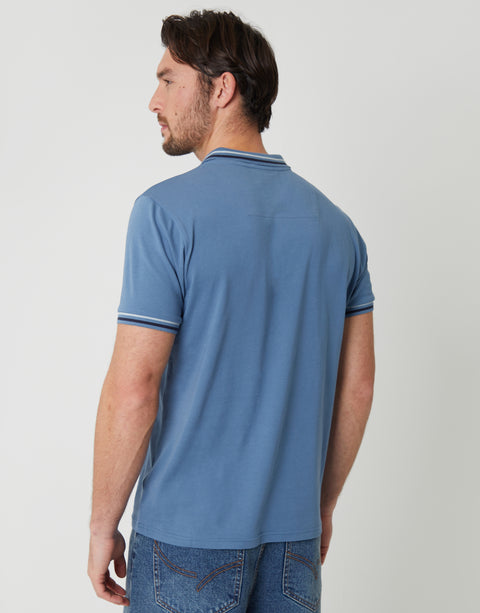 Threadbare Contrast Tipping Hidden Placket Polo Shirt in Denim Blue - back view