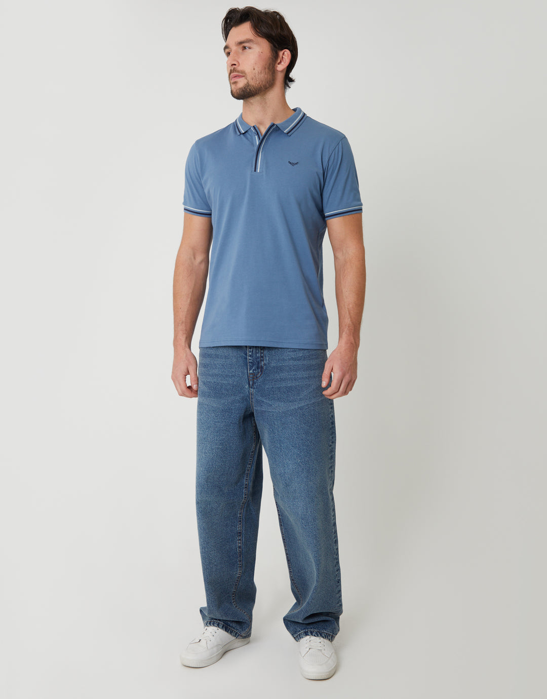 Denim Blue Contrast Tipping Hidden Placket Polo Shirt