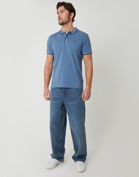 Threadbare Contrast Tipping Hidden Placket Polo Shirt in Denim Blue - full body