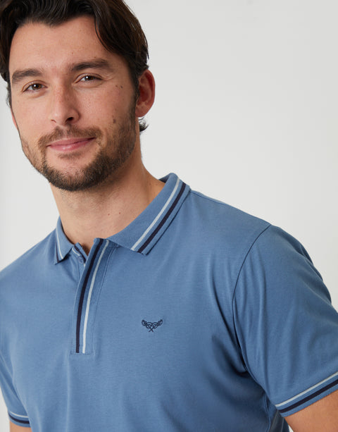 Threadbare Contrast Tipping Hidden Placket Polo Shirt in Denim Blue - front view close up