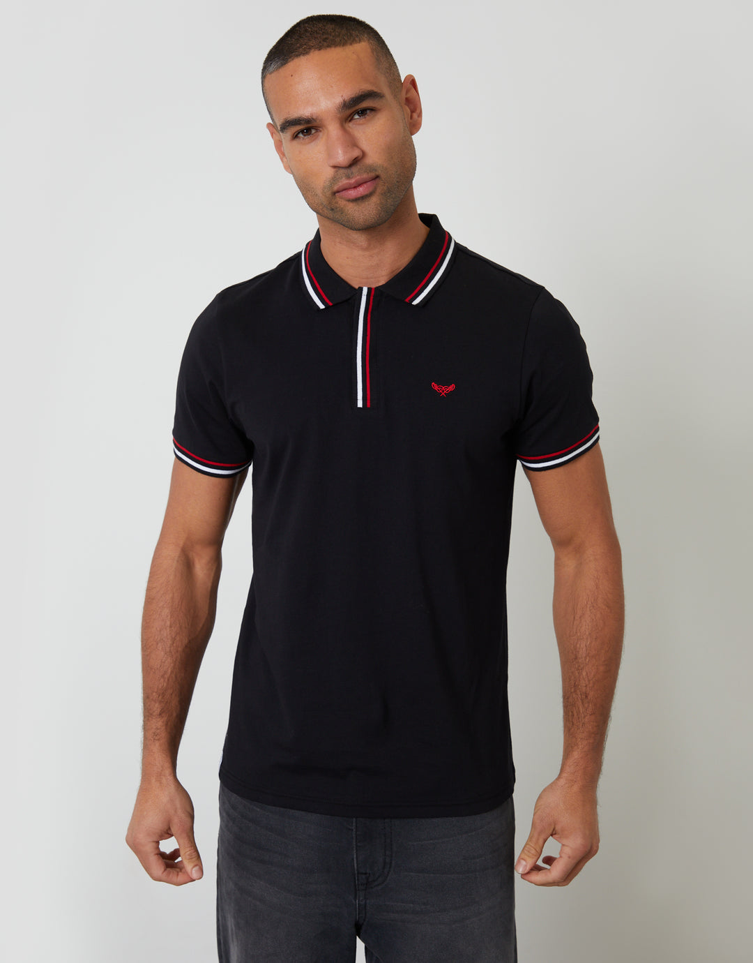 Threadbare Contrast Tipping Hidden Placket Polo Shirt in Black - front view