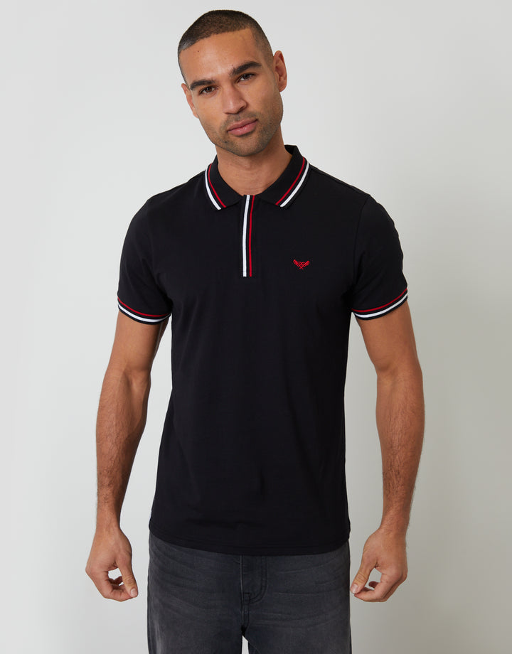 Threadbare Contrast Tipping Hidden Placket Polo Shirt in Black - front view