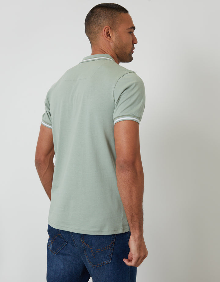 Sage Green Contrast Tipping Hidden Placket Polo Shirt
