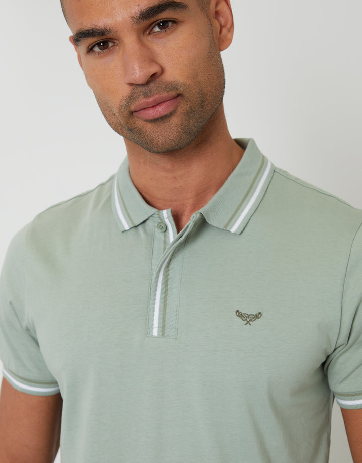 Sage Green Contrast Tipping Hidden Placket Polo Shirt