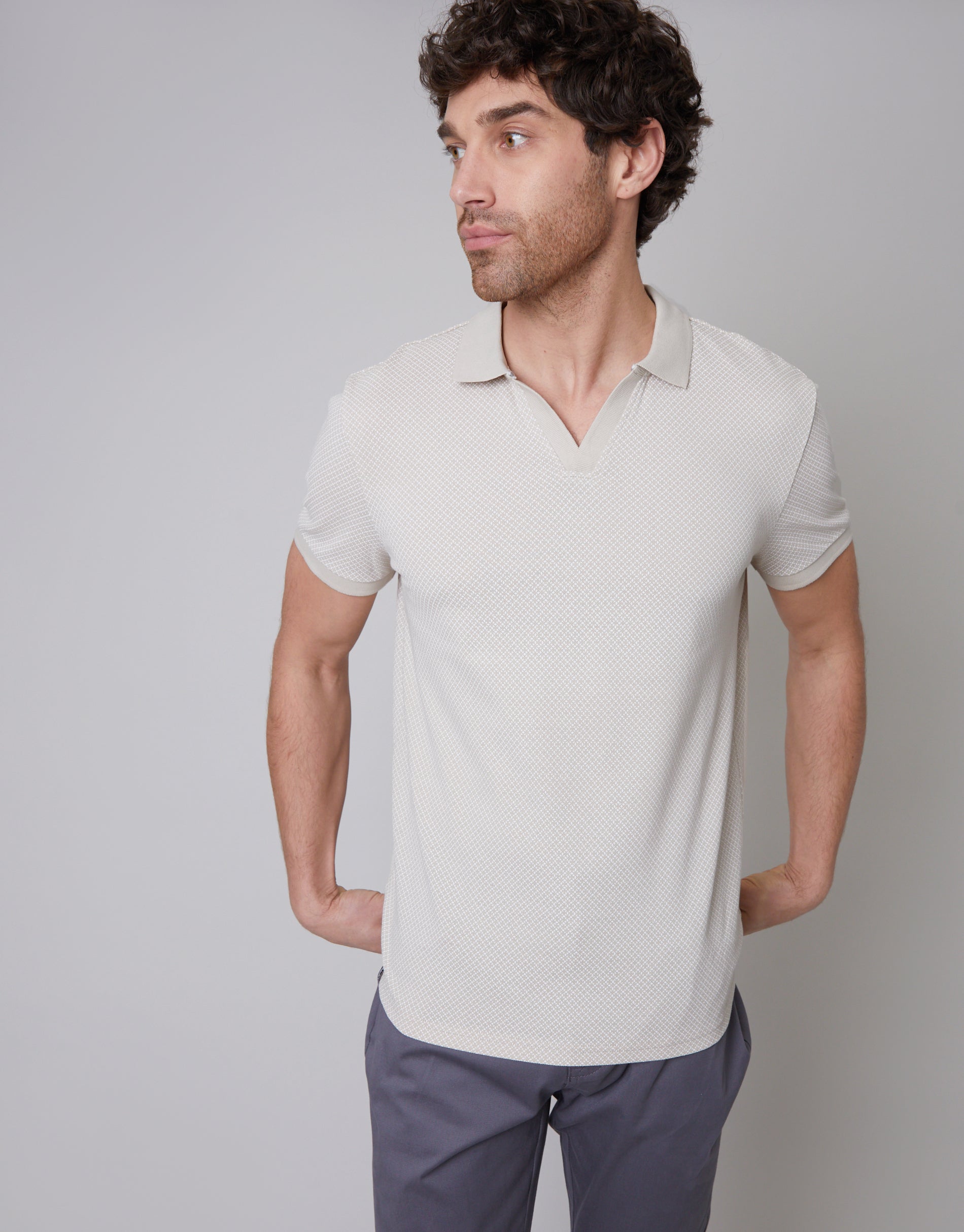 Threadbare Men's Taupe Printed Pique Open Collar Polo Shirt