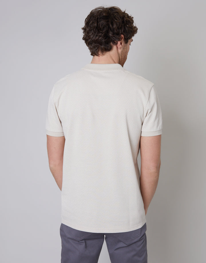 Taupe Printed Pique Open Collar Polo Shirt