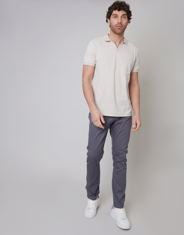 Taupe Printed Pique Open Collar Polo Shirt