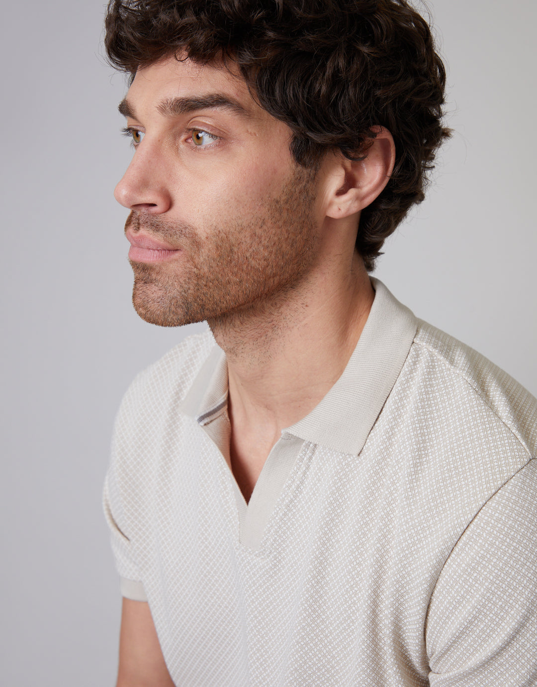 Taupe Printed Pique Open Collar Polo Shirt