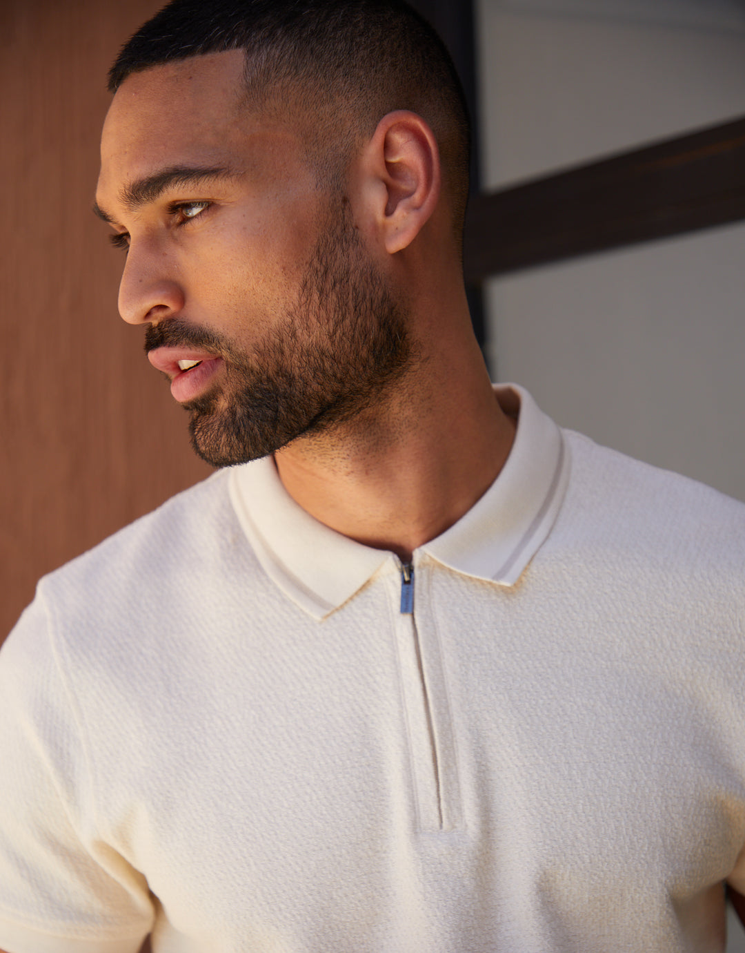 Off White Zip Collar Polo Shirt