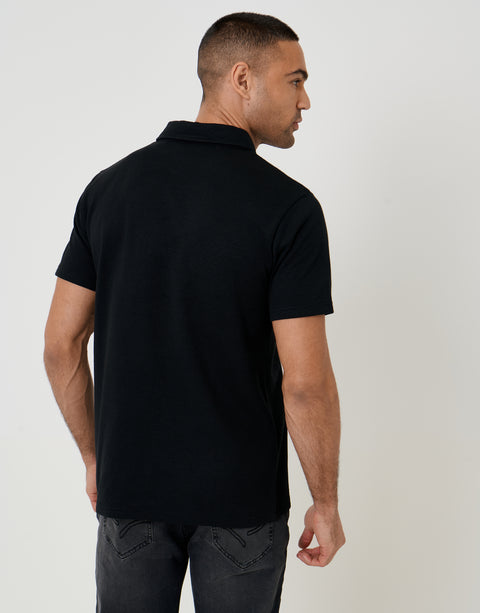 Threadbare Textured Hidden Placket Polo Shirt in Black - back view