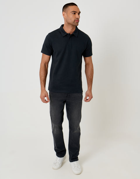 Threadbare Textured Hidden Placket Polo Shirt in Black - full body