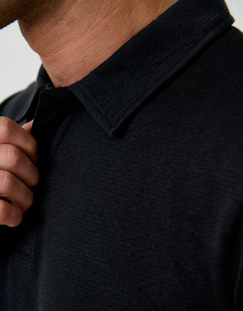 Threadbare Textured Hidden Placket Polo Shirt in Black - collar close up