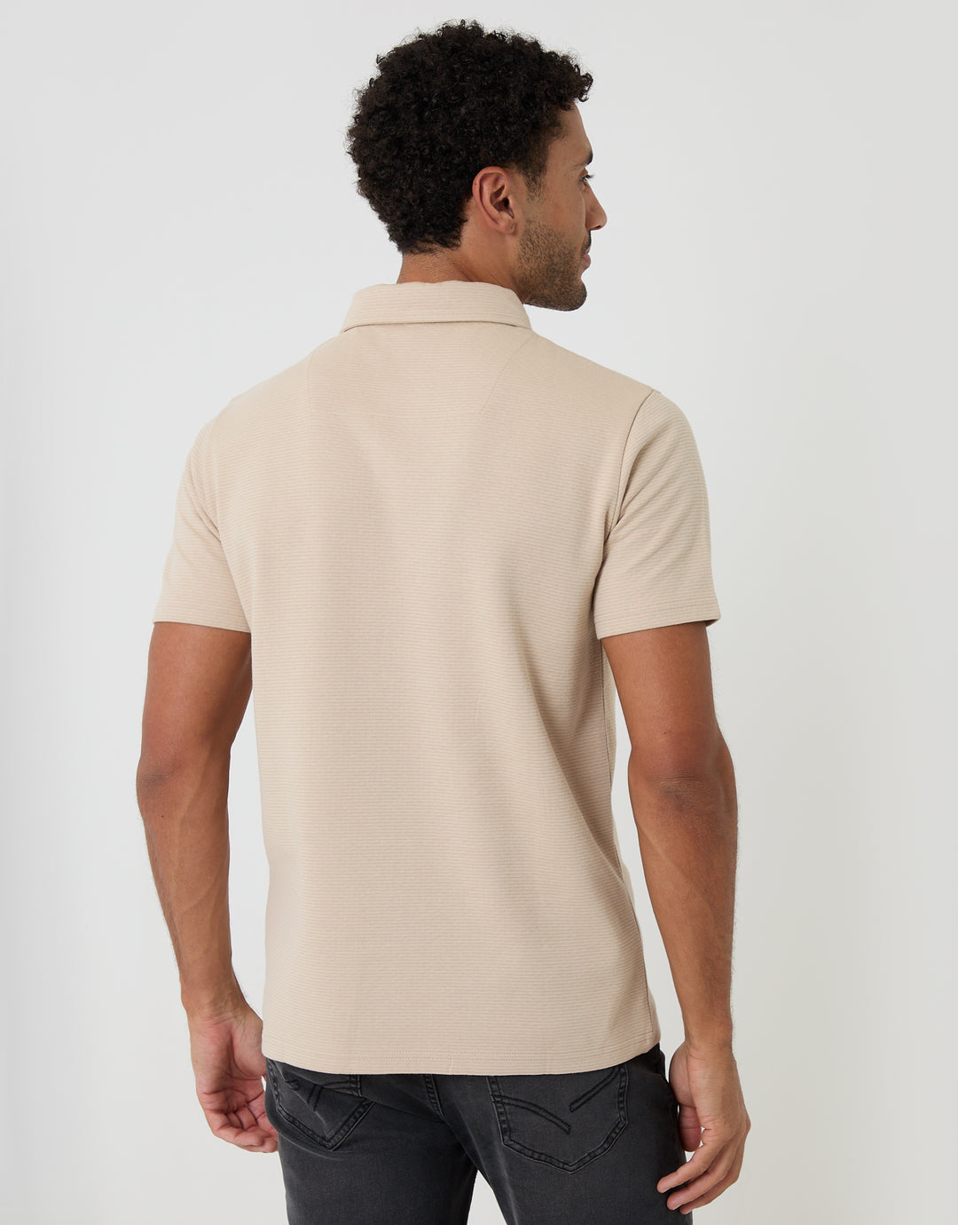 Threadbare Textured Hidden Placket Polo Shirt in Stone - back view