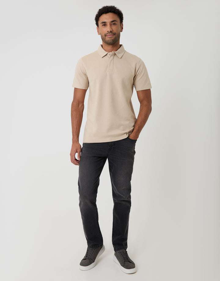 Threadbare Textured Hidden Placket Polo Shirt in Stone - full body