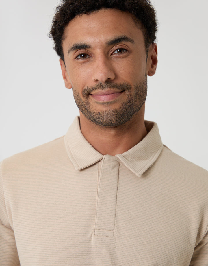 Threadbare Textured Hidden Placket Polo Shirt in Stone - collar close up