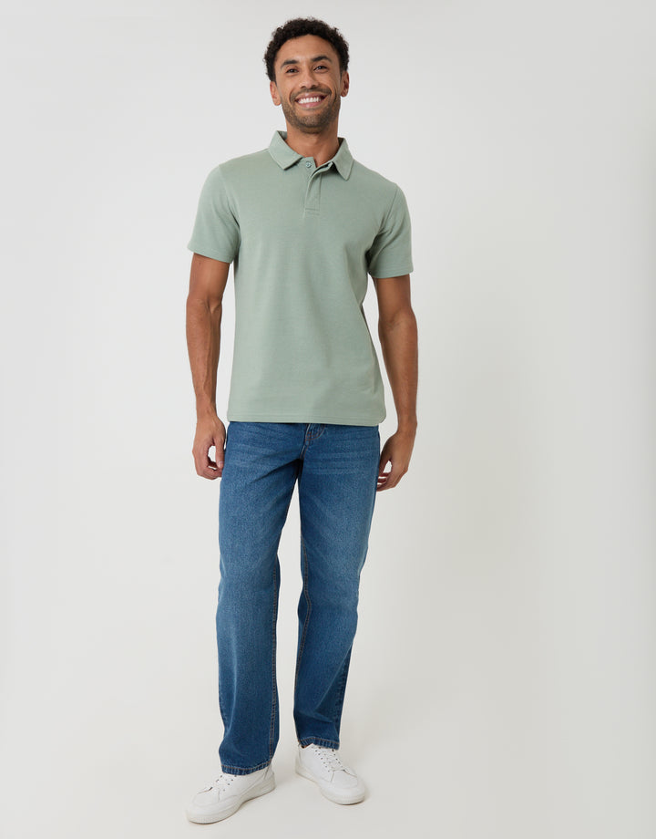 Threadbare Textured Hidden Placket Polo Shirt in Sage Green - full body