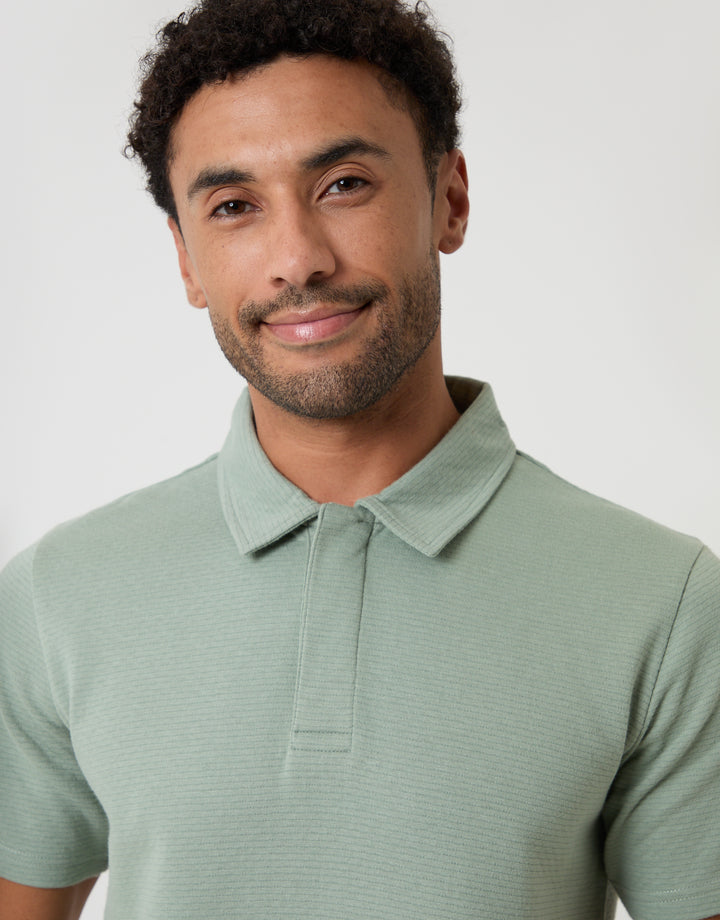 Threadbare Textured Hidden Placket Polo Shirt in Sage Green - collar close up