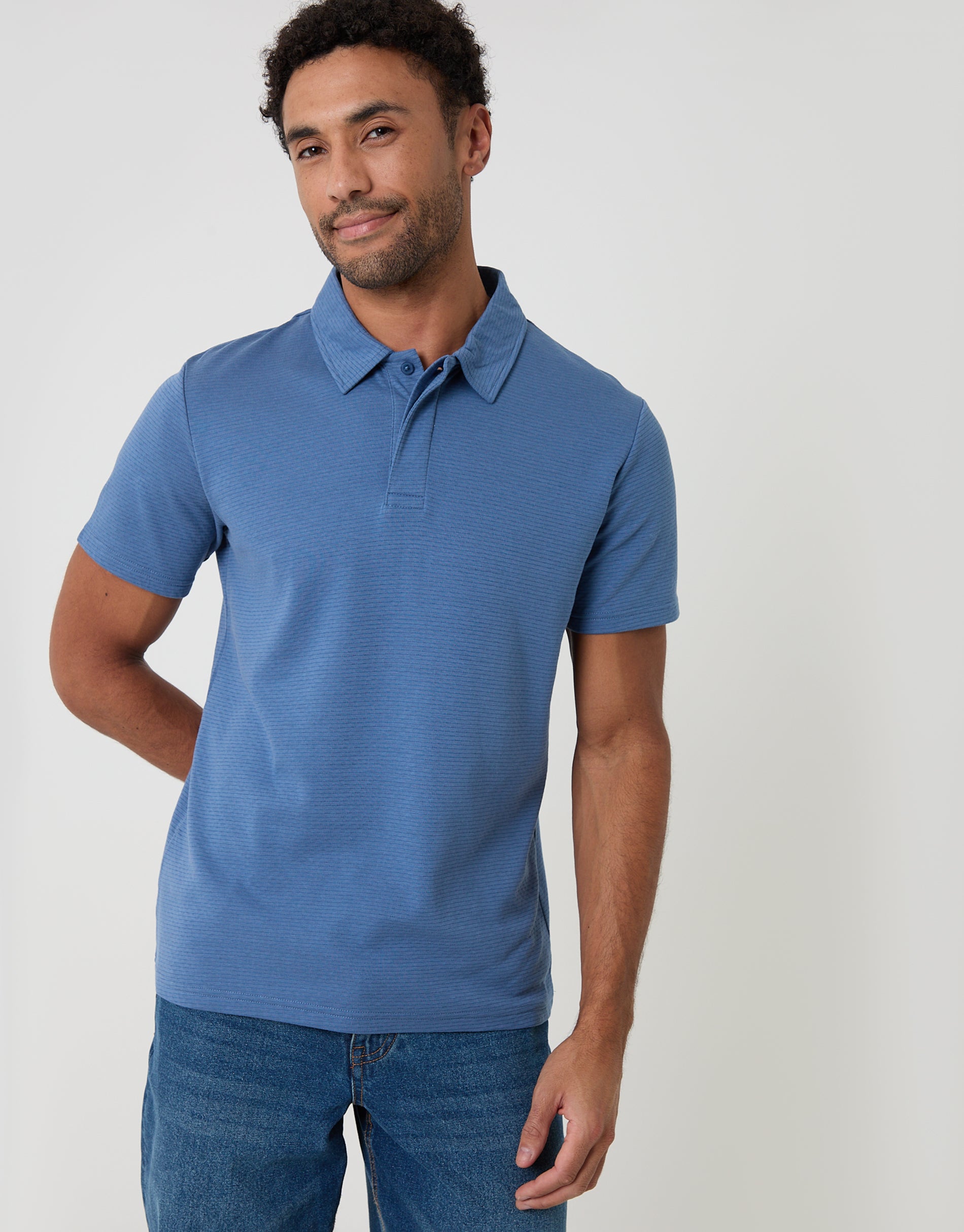 Textured Hidden Placket Polo Shirt in Denim Blue
