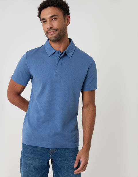 Threadbare Textured Hidden Placket Polo Shirt in Denim Blue - front body