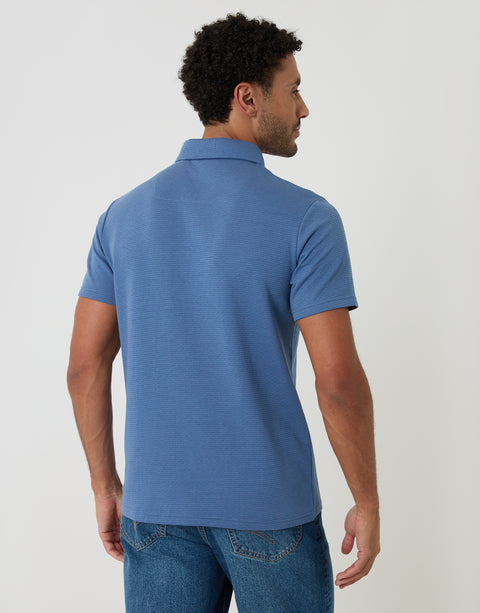 Threadbare Textured Hidden Placket Polo Shirt in Denim Blue - back view