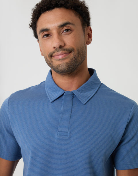 Threadbare Textured Hidden Placket Polo Shirt in Denim Blue - collar close up