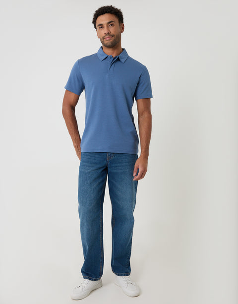 Threadbare Textured Hidden Placket Polo Shirt in Denim Blue - full body