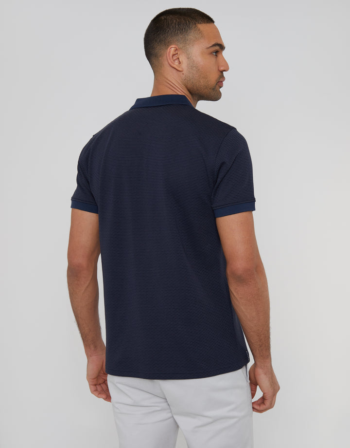 Navy Textured Hidden Placket Polo Shirt