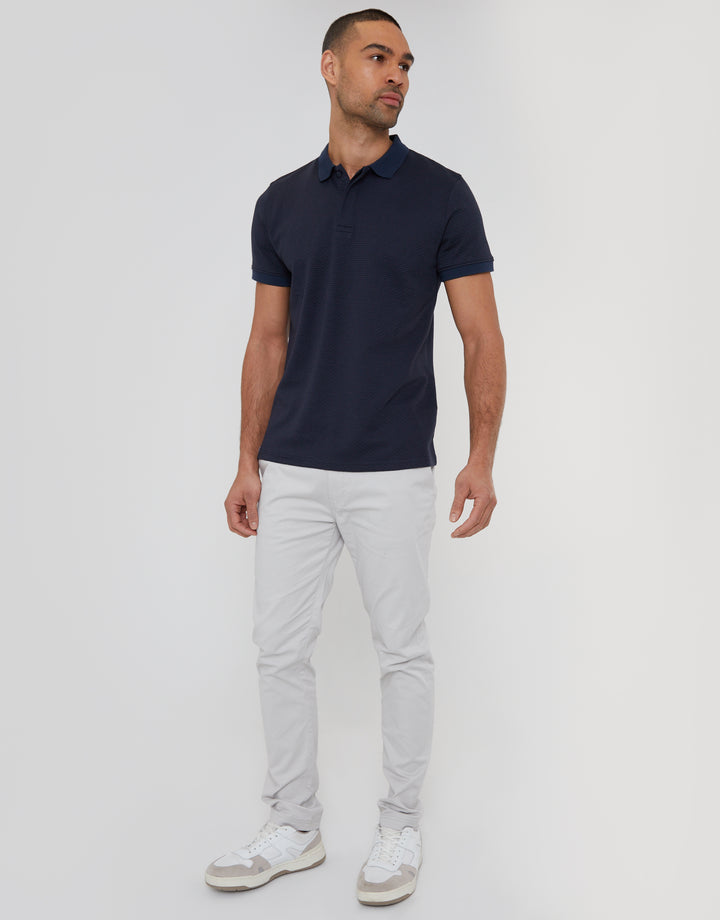 Navy Textured Hidden Placket Polo Shirt