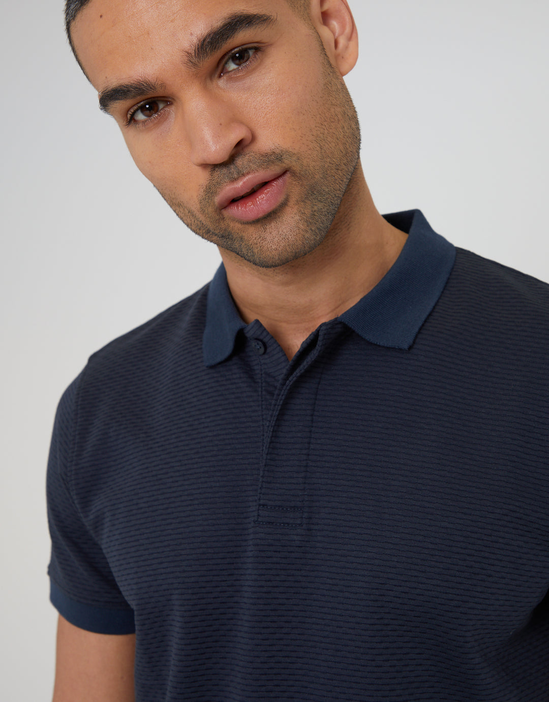 Navy Textured Hidden Placket Polo Shirt