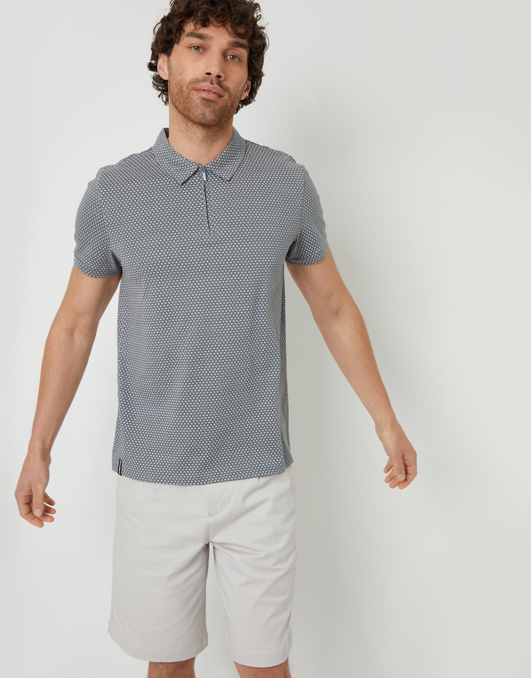Grey Geometric Print Zip Collar Polo Shirt
