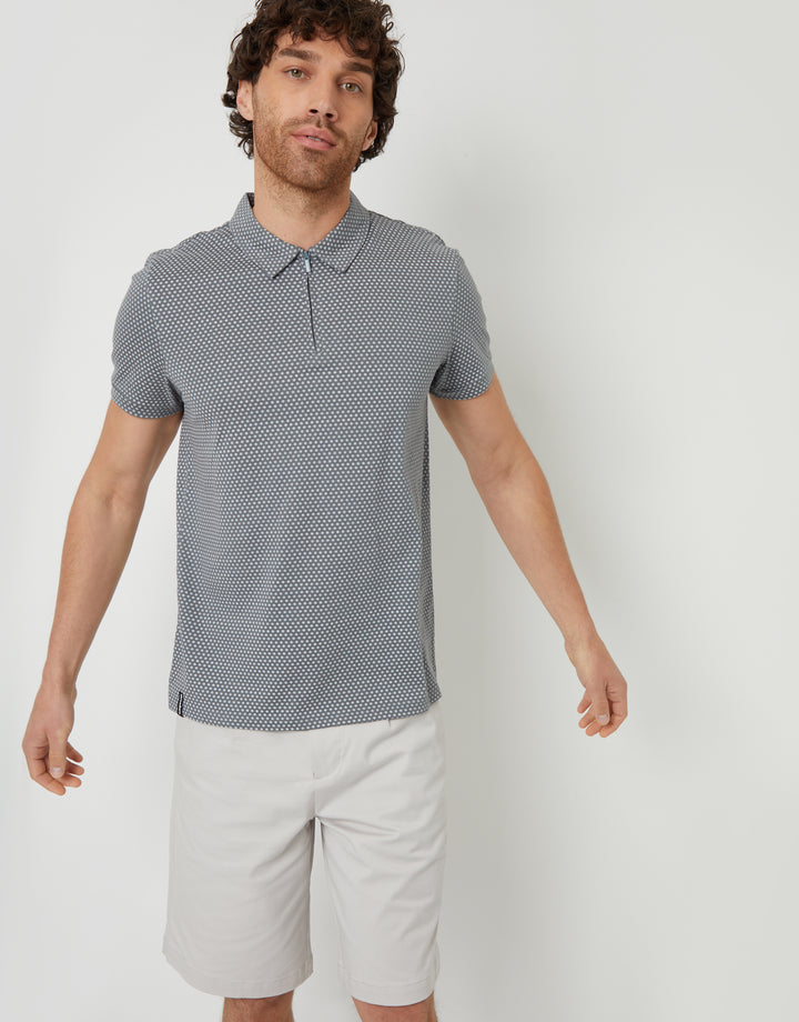 Grey Geometric Print Zip Collar Polo Shirt