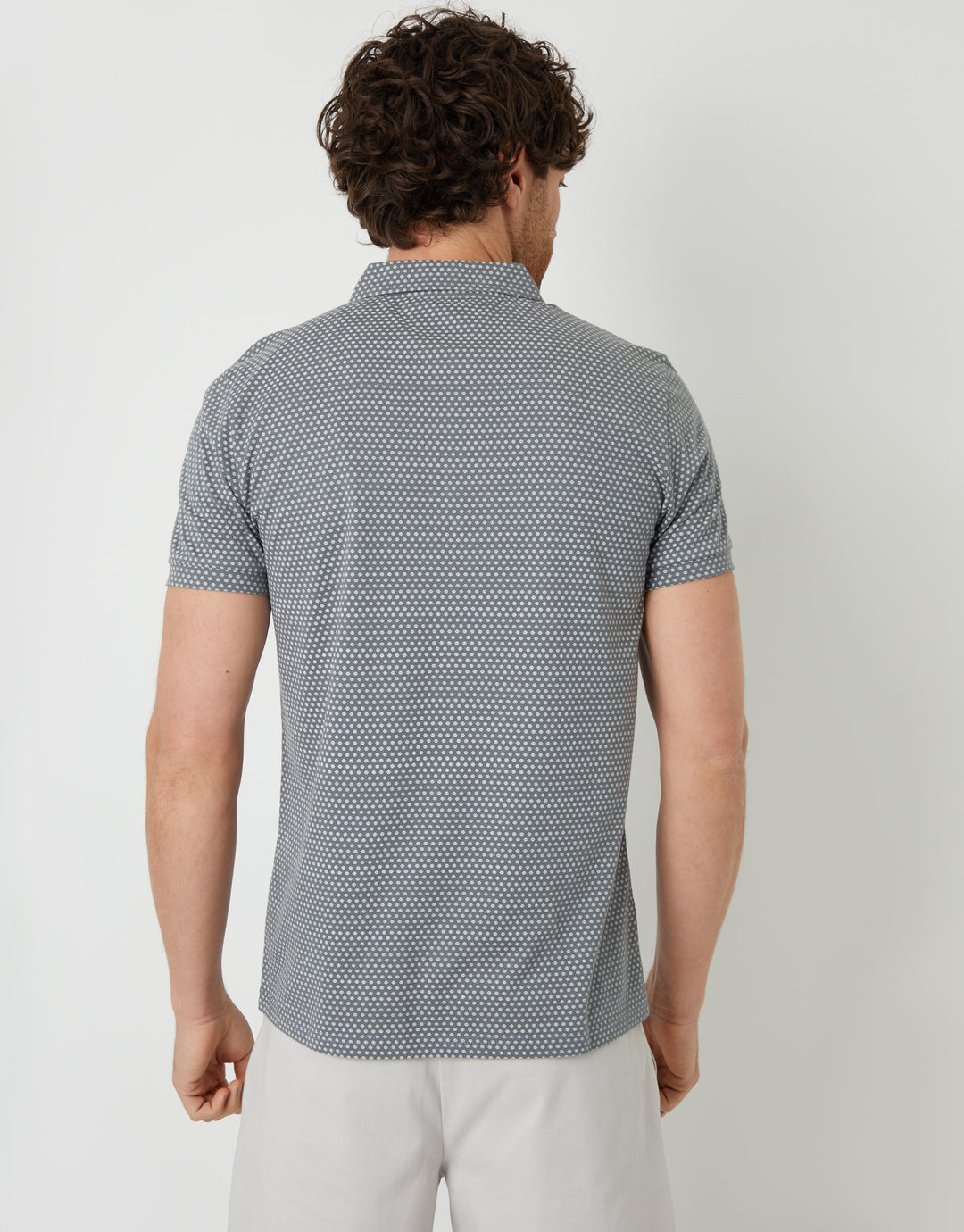 Grey Geometric Print Zip Collar Polo Shirt
