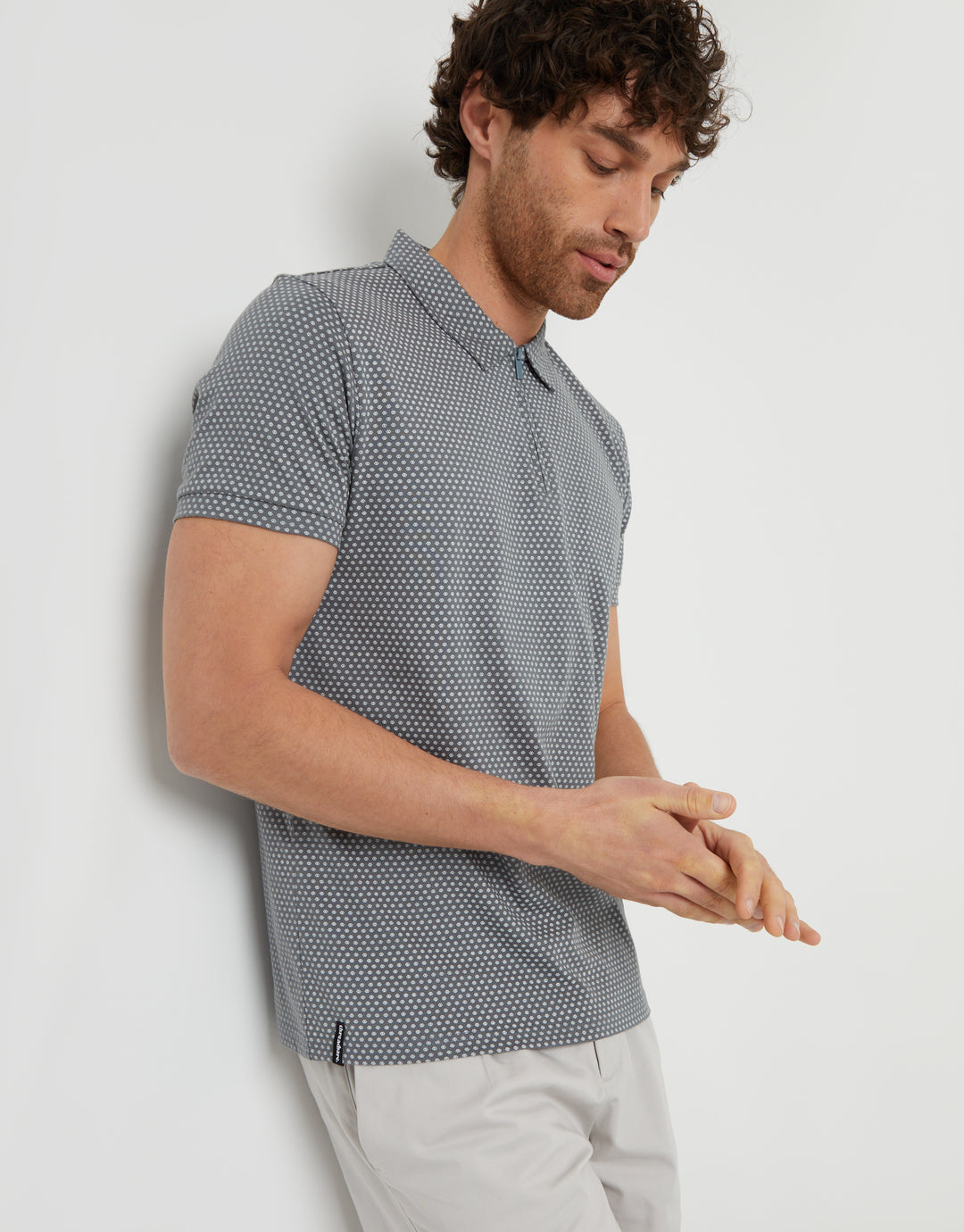 Grey Geometric Print Zip Collar Polo Shirt