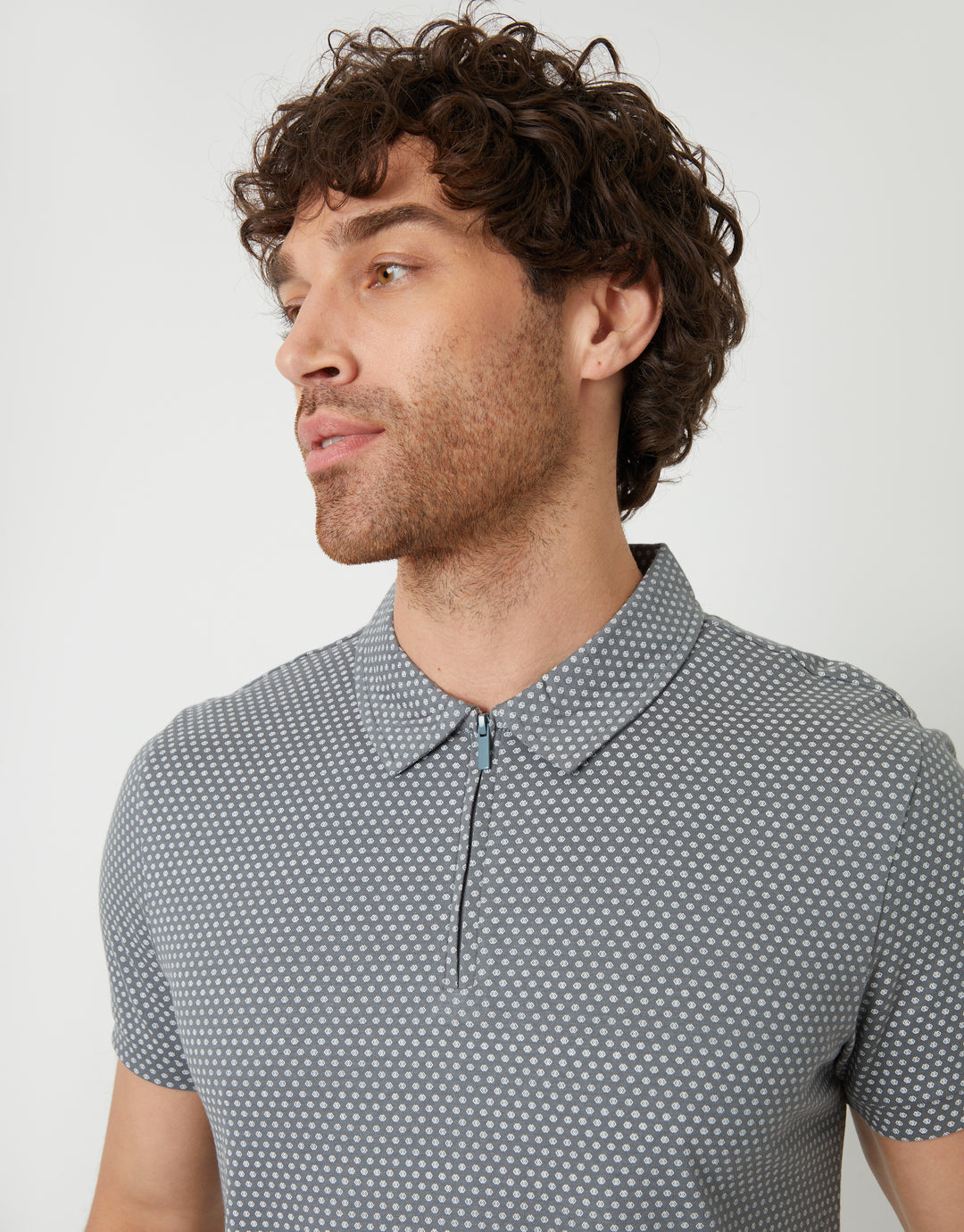 Grey Geometric Print Zip Collar Polo Shirt
